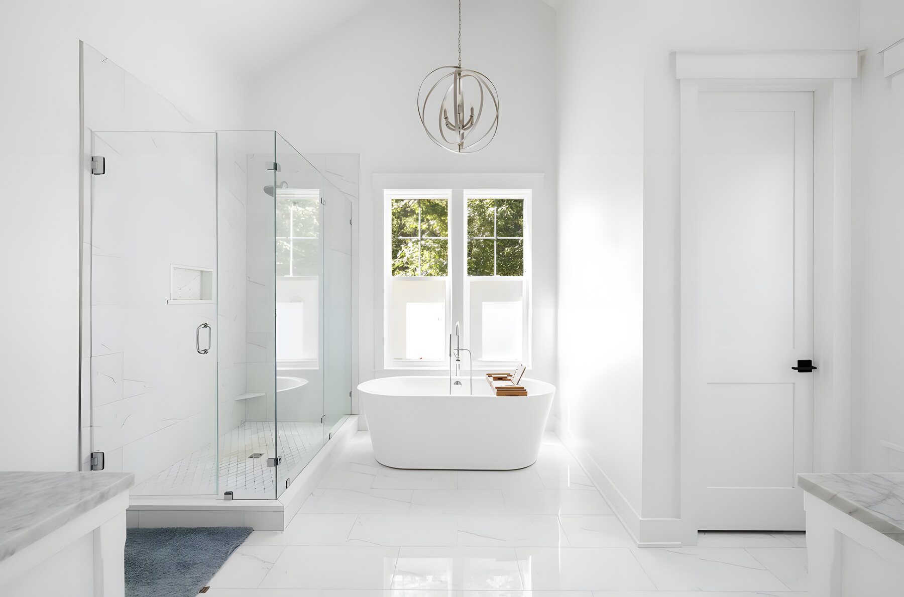 Primary bath with freestanding tub and marble shower