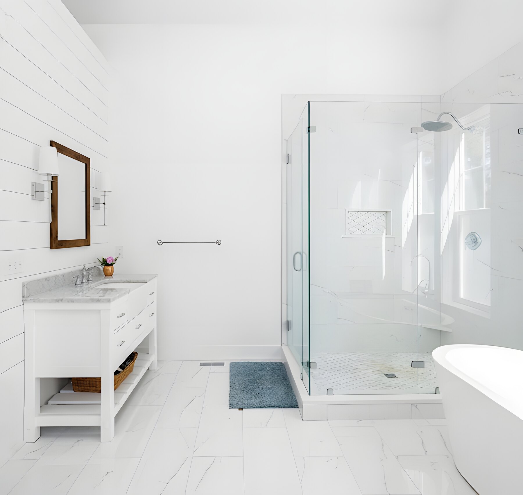 Shiplap bath with freestanding tub and marble walk-in shower