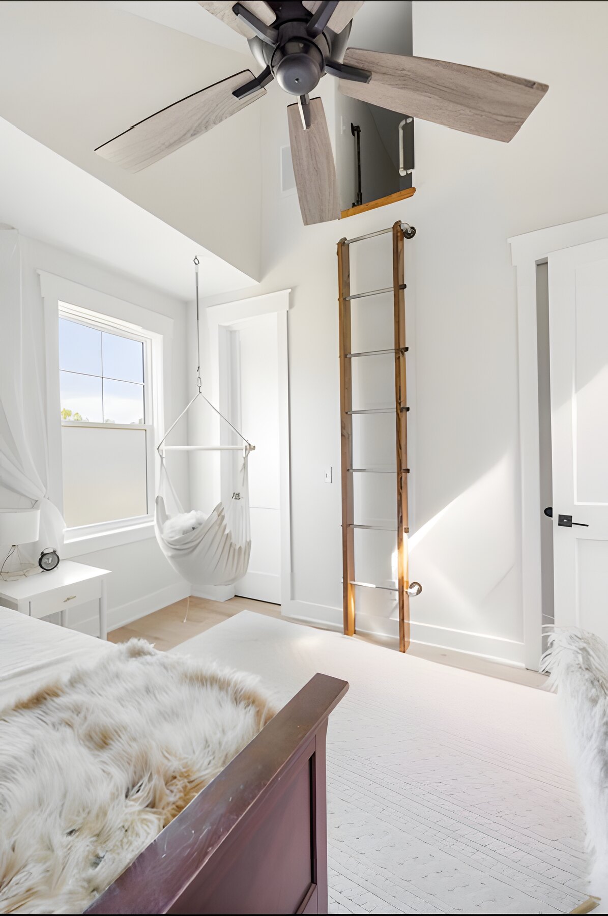 Bedroom detail with built-in ladder and white oak floors