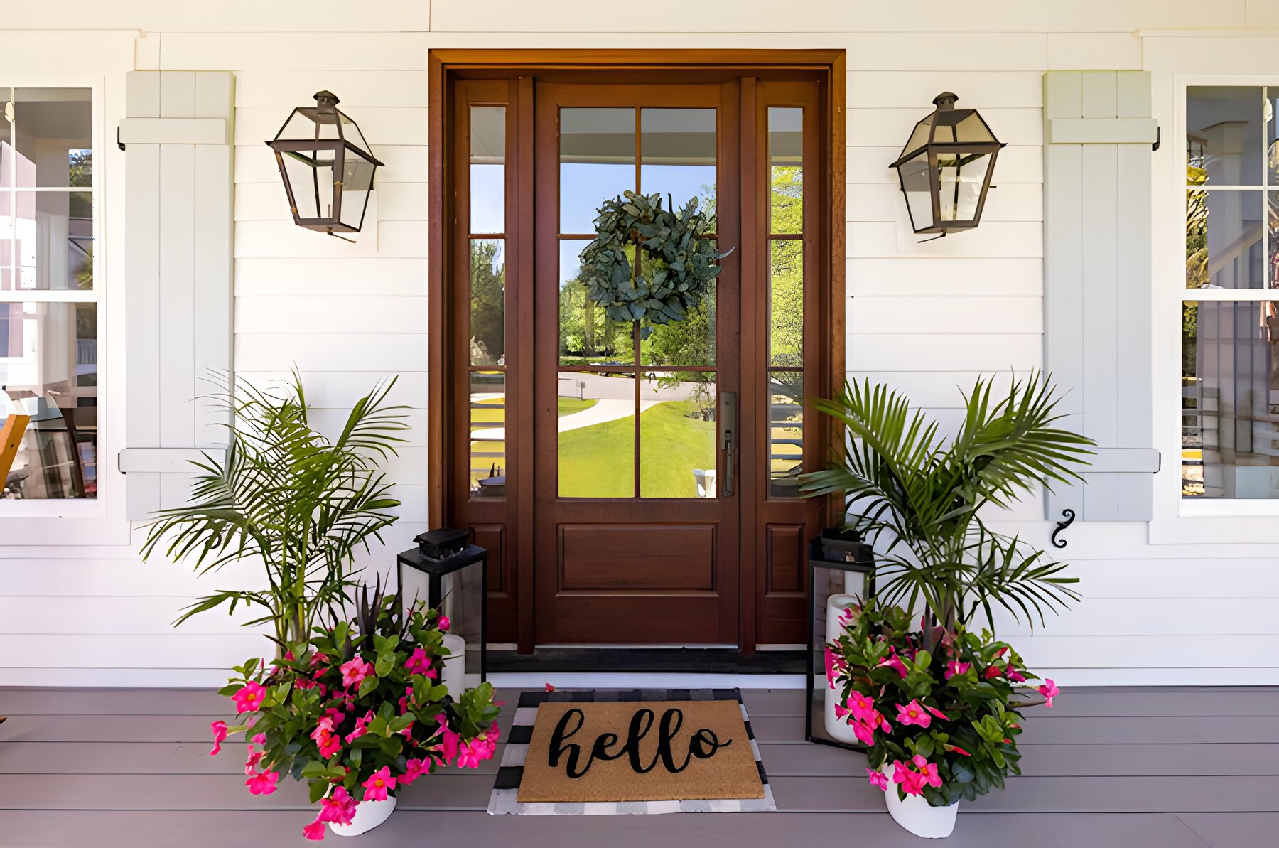 Welcoming front entry with lanterns, palms, and pink blooms