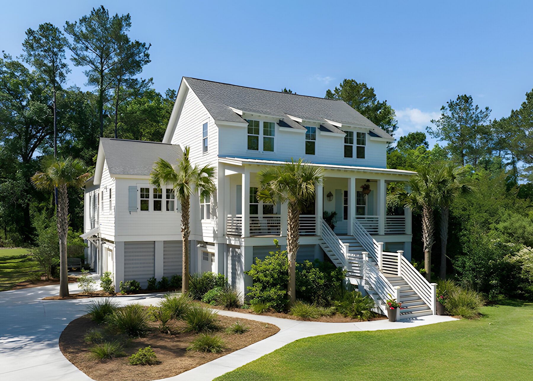 Elevated Lowcountry custom home with double porches and palms