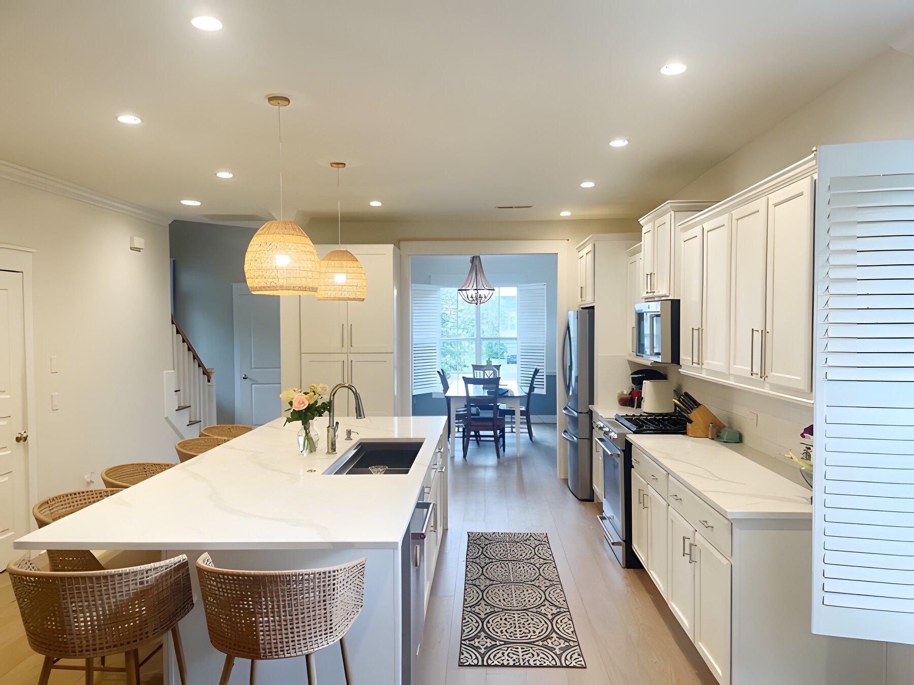 Kitchen island with woven counter stools open to the dining room